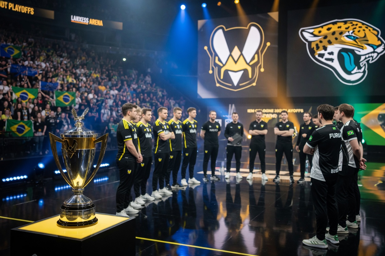 Photoreal scene at the IEM Cologne Major 2026 CS2 playoffs: the trophy up front,
